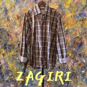 “ZAGIRI” Mens Designer Grey Long Sleeve Checked Pattern Shades of Brown and Tan